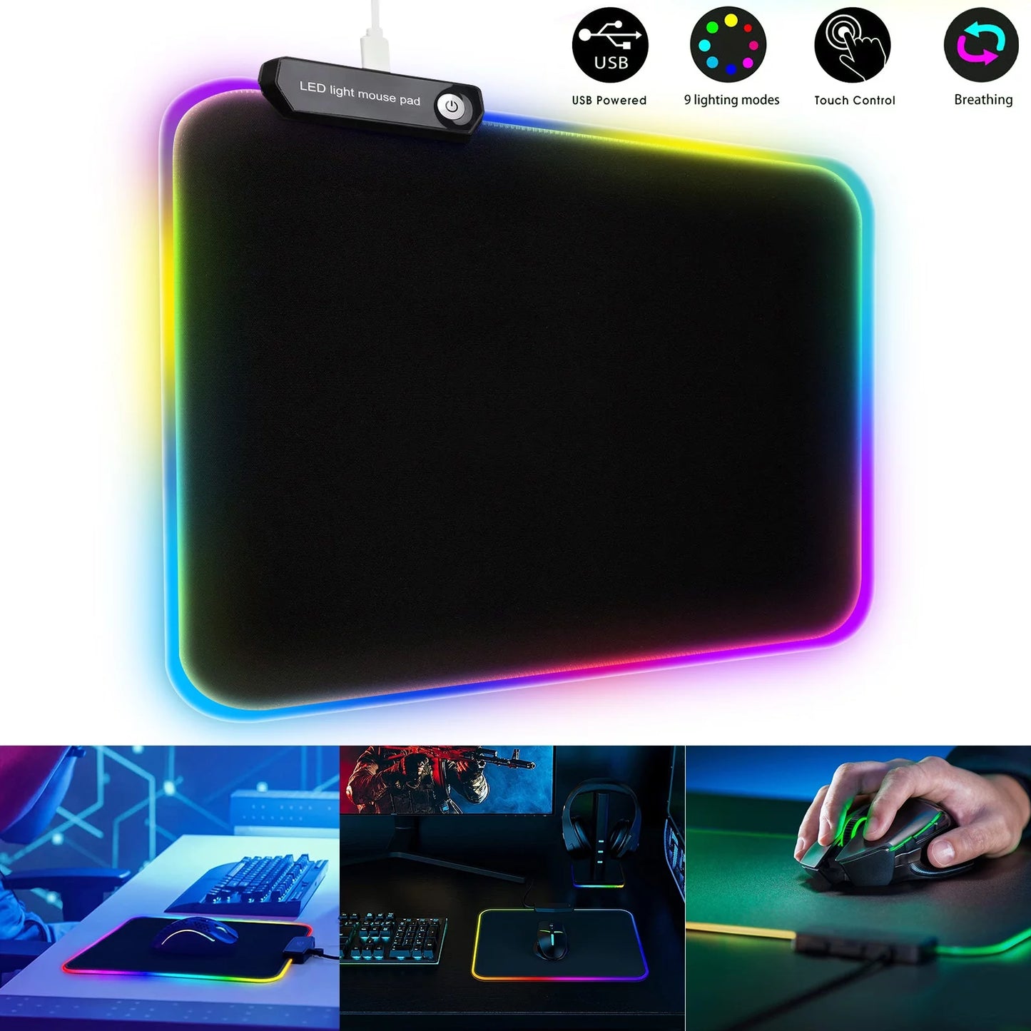 RGB Large Gaming Mouse Pad, Extended Thick LED Keyboard Pad with 9 Lighting Modes, Anti-Slip Waterproof Oversized Computer Mouse Pad Mat, Xl/9.8X11.8Inch, Black