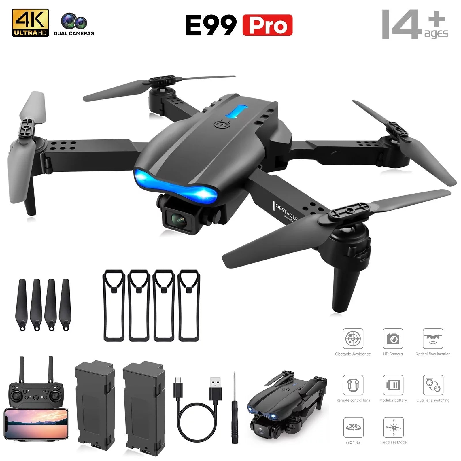 Drone with 4K HD Dual Camera for Adults Kids, RC Quadcopter with 2 Modular 1800Mah Batteries for 30 Mins Long Flight