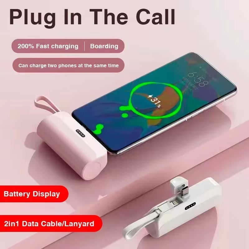 10000Mah Mini Capsule Power Bank 2 in 1 Built in Cable Large Capacity Fast Charging External Battery Plug Play for Iphone Type-C